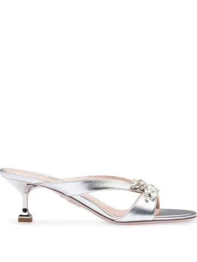 Miu Miu Embellished Metallic Sandals In Silver