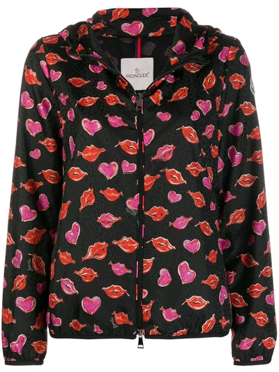 Moncler Ladies Bomber Jacket With Hearts And Lips Print In Black