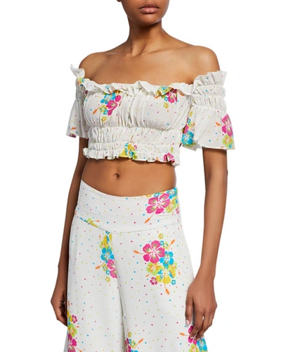 All Things Mochi Eva Dotted Floral-print Off-the-shoulder Ruffle Crop Top In White