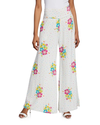 All Things Mochi Jimmie Dotted Floral-print Wide-leg Pants In White