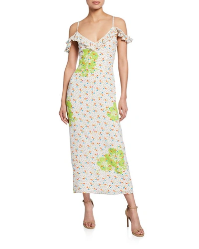 All Things Mochi Joy Printed Cold-shoulder Midi Dress In White/green