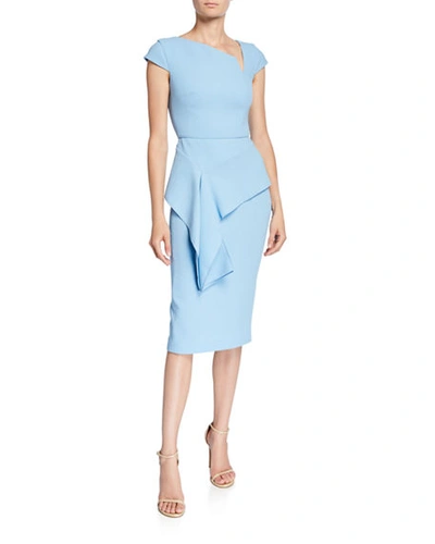 Roland Mouret Dandridge Asymmetric-neck Cap-sleeve Peplum Fitted Crepe Cocktail Dress In Sky