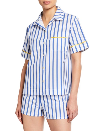 Hesper Fox Lulu Short-sleeve Striped Pajama Shirt In Blue/white