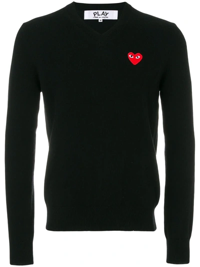 Comme Des Garçons Play Double Heart V-neck Pullover In Black