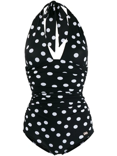 Dolce & Gabbana Polka Dot Halterneck Swimsuit In Black