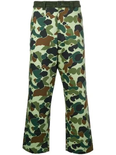 Junya Watanabe Cropped Corduroy-trimmed Camouflage-print Cotton-twill Trousers In Green