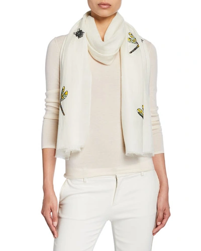 K Janavi Dragonflies And Bug Embroidered Merino Wool Scarf In Ivory