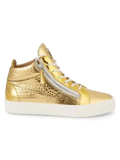 Giuseppe Zanotti Men's Embossed Leather Mid-top Sneakers In Gold
