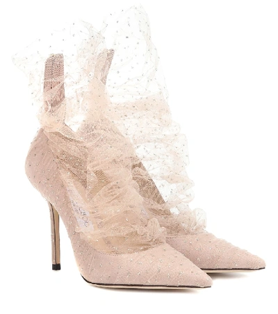 Jimmy Choo Lavish Tulle-paneled Suede Pumps In Pink