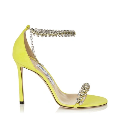 Jimmy Choo Shiloh 100 Fluorescent Yellow Suede Open Toe Sandal With Jewel Trim In Fluo Yellow