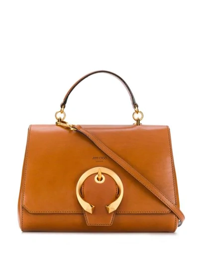 Jimmy Choo Madeline Top Handle Cuoio Calf Leather Top Handle Bag With Metal Buckle In Brown