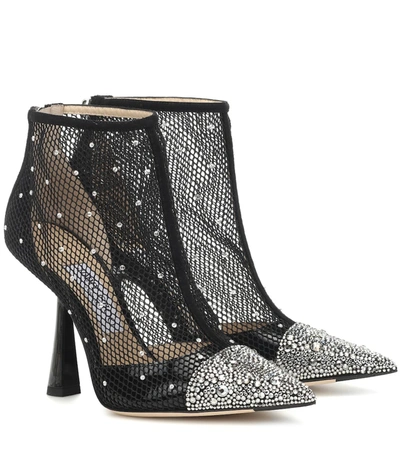 Jimmy Choo Kix 100 Black Suede Pointed Toe Bootie With Mesh And Crystal Hotfix