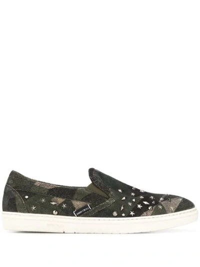 Jimmy Choo Grove Printed Army Camo Distressed Suede Slip On Trainers With Silver Mixed Metal Studs In Army Mix/metal Mix