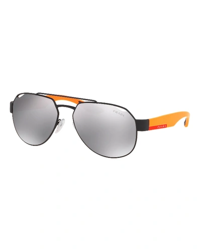 Prada Men's Steel Aviator Sunglasses In Black