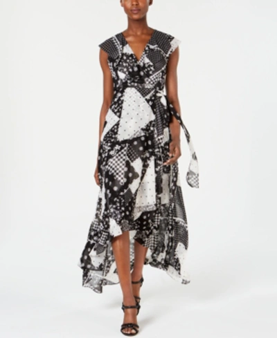 Calvin Klein High-low Faux-wrap Maxi Dress In Black/white