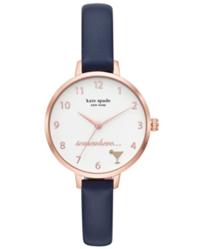 Kate Spade Metro 5 O'clock Somewhere Leather Strap Watch, 34mm In Blue