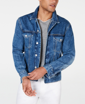 Calvin Klein Jeans Est.1978 Men's Mountain-print Denim Trucker Jacket In  Stone Embroidered Mountain | ModeSens