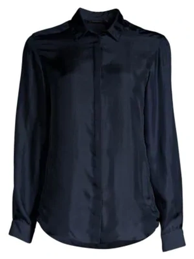 Agnona Silk Twill Button Front Shirt In Navy