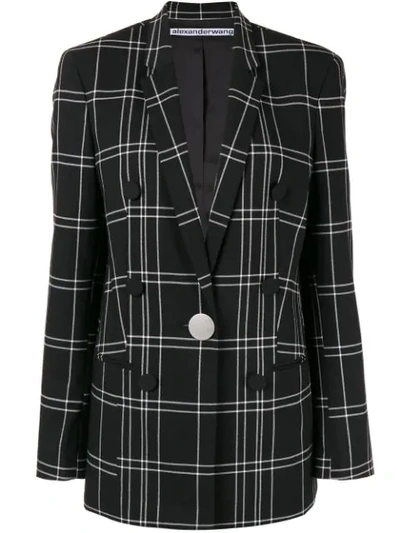 Alexander Wang Leather-trimmed Checked Woven Blazer In Blk/wht Windowpane