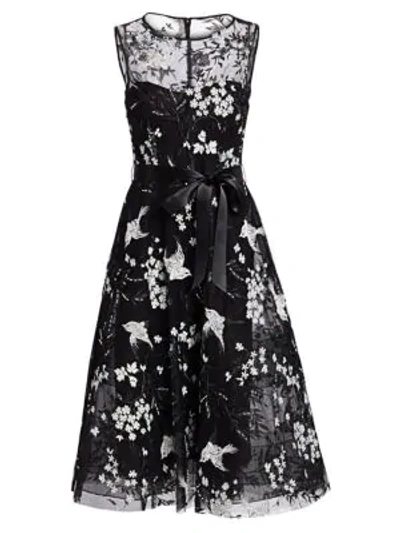Teri Jon By Rickie Freeman Avian & Floral Beaded Tie-waist Tulle A-line Dress In Black White