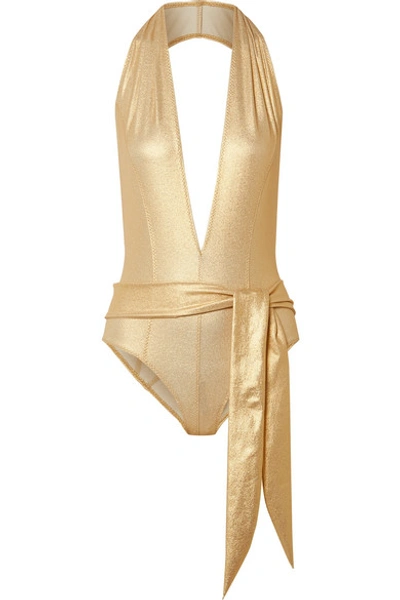Lisa Marie Fernandez Riri Belted Metallic Stretch-crepe Halterneck Swimsuit In Gold