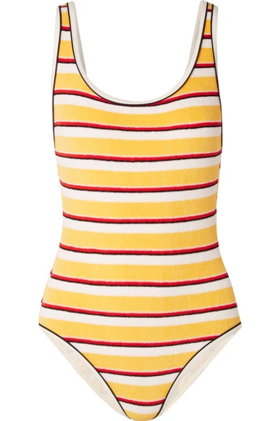 Solid & Striped The Anne-marie Striped Cotton-blend Terry Swimsuit In Yellow