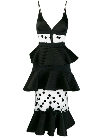 strapless open back dress 1980s Black Tone on Tone Polka Dot Dress w/ Peplum & White Bow Size 8   Modig