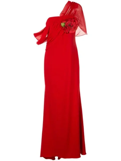 Badgley Mischka Asymmetric Draped Gown In Red