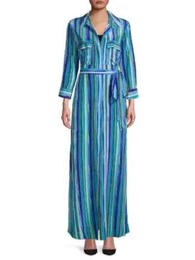L Agence Cameron Striped Button-front Long Silk Shirtdress In Blue  Multi