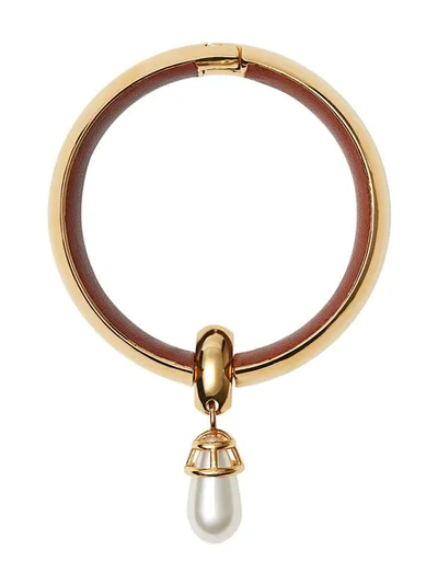 Burberry Faux Pearl Detail Lambskin And Gold-plated Bangle In Light Gold