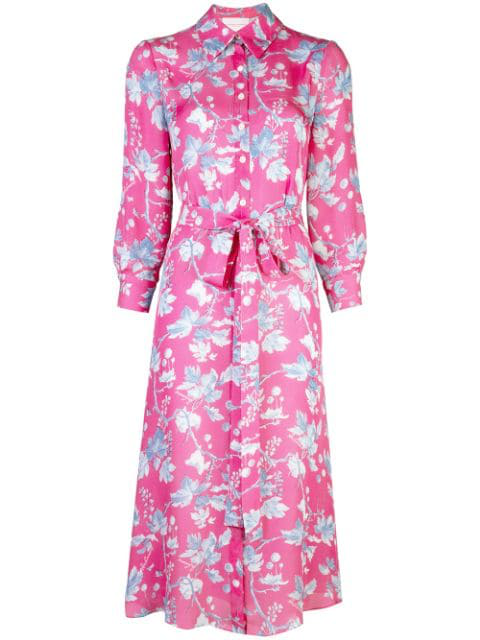 Carolina Herrera Button Down Floral Print Dress With Tie In Pink | ModeSens