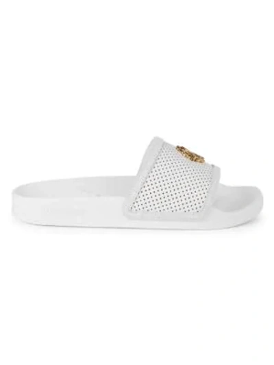 Roberto Cavalli Logo Embellished Perforated Leather Slides In White