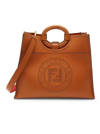 Fendi Logo Leather Shopper In Tan