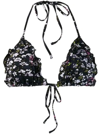 Ganni Recycled Fabric Floral Frill Triangle Bikini Top In Black