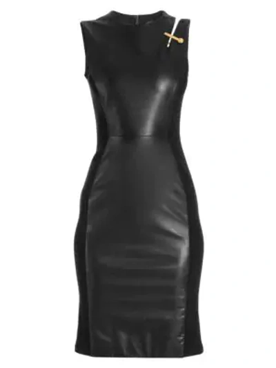 Versace Leather & Jersey Sleeveless Sheath Dress In Black