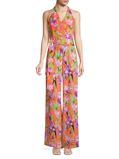 Alice And Olivia Cyrus Floral Halter Jumpsuit In Floral Plum Coral