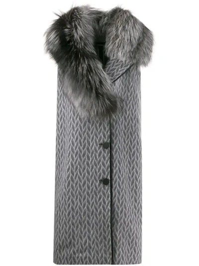 Fendi Fox Fur Collar Geometric Kimono Wool Vest In Grey Mult