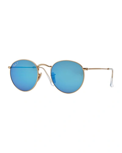 Ray Ban Polarized Round Metal-frame Sunglasses With Blue Mirror Lens