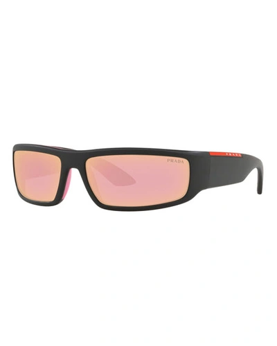 Prada Mirrored Rectangle Sunglasses In Black/pink