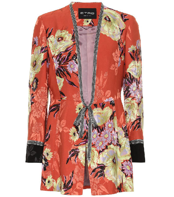 Etro Floral-Print Satin-Jacquard Jacket In Orange | ModeSens