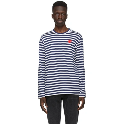 Comme Des Garçons Play Embroidered Heart Striped T-shirt In Navy