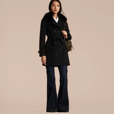 Burberry Wool Cashmere Trench Coat With Fur Collar In Black | ModeSens