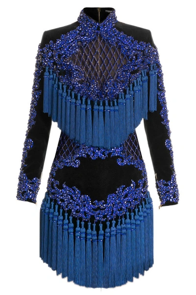 Mathis Mitt Lil Balmain Embellished Velvet Mini Dress In Blue | ModeSens