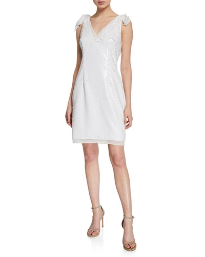 Aidan Mattox Sequin Sleeveless Mini Cocktail Dress With Bow Straps In Ivory