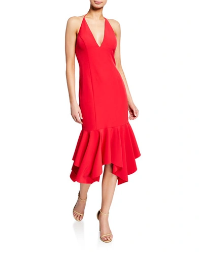 Aidan Mattox Low-back Plunging Halter-neck Crepe Midi Flounce Dress In Red