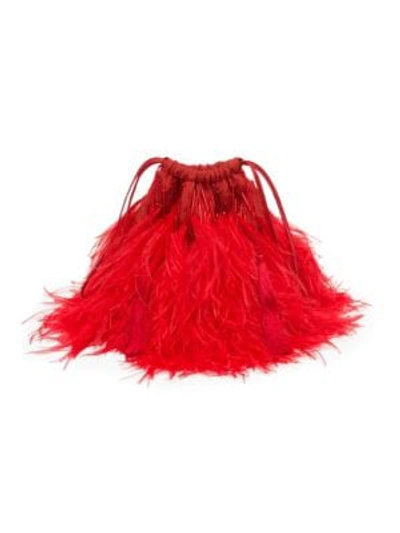Attico Allover Ostrich Feather Mini Pouch In Red