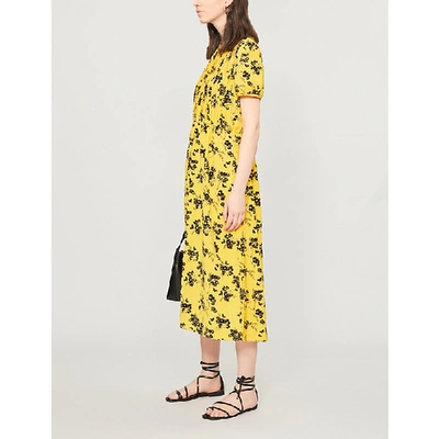 Michael Michael Kors Floral Print Short Sleeved Pleated Front Crepe Dress  In Golden Yellow/black | ModeSens