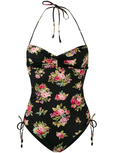 Zimmermann Honour Ruched Floral-print Swimsuit In Black