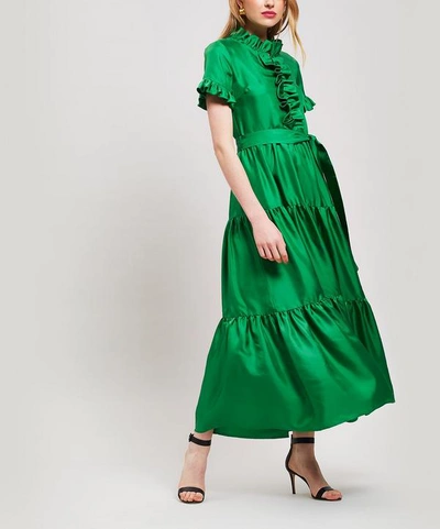 green emerald velvet dress La DoubleJ Shorty Long Sleeve Mini Dress Green Floral Print Silk Size –  Celebrity Owned main image 0
