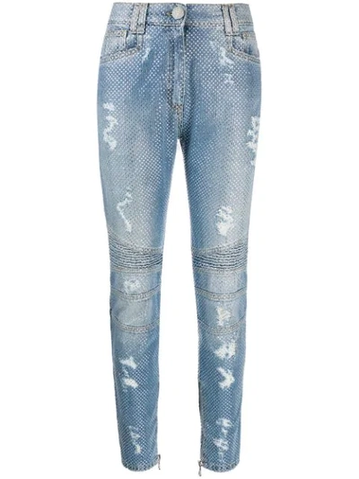 Balmain Crystal Embellished Jeans In Blue